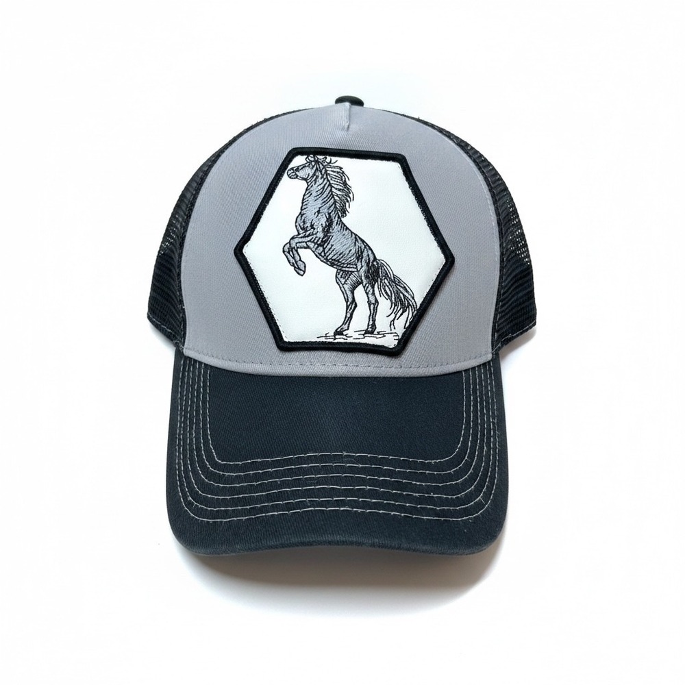 Platini American Legend Trucker Hat Grey Black Horse Patch Snapback Cap OSFM